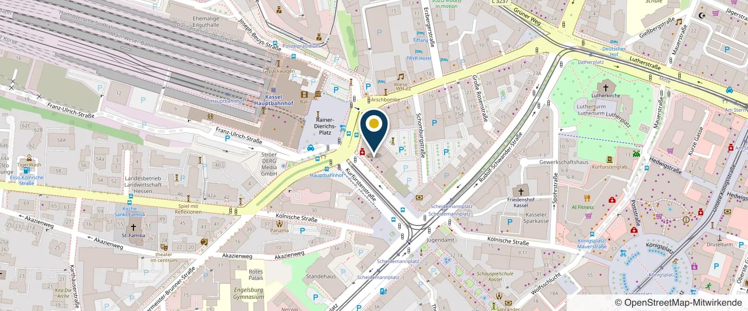 Kartenausschnitt mit dem Standort der Praxis in der Kurfürstenstraße 10–12, Kassel